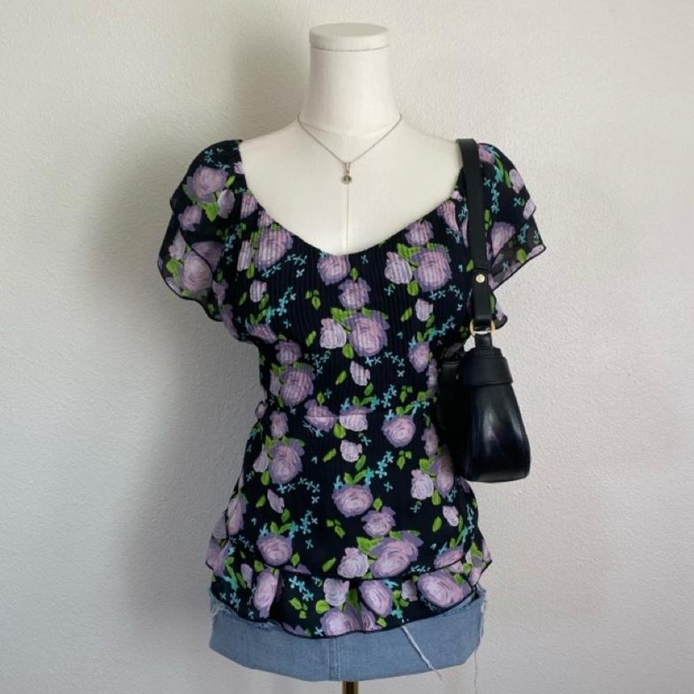 Y2K Piano Short Sleeve Mesh Overlay Blouse Purple Fairycore Whimsigoth